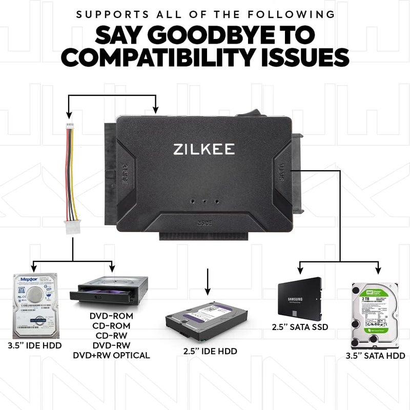 ZILKEE محول SATA/IDE إلى USB 3.0 - محول عالمي لأقراص IDE و SATA بحجم 2.5 بوصة / 3.5 بوصة، قارئ أقراص خارجي مع مزود طاقة 12 فولت، يدعم حتى 6 تيرابايت - Image 2